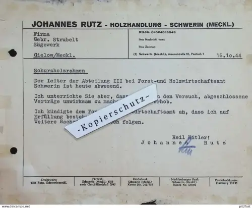 Holzhandel - Johannes Rutz in Schwerin i. Mecklenburg , 1944 , Rechnung / Dokument , Reklame / Werbung