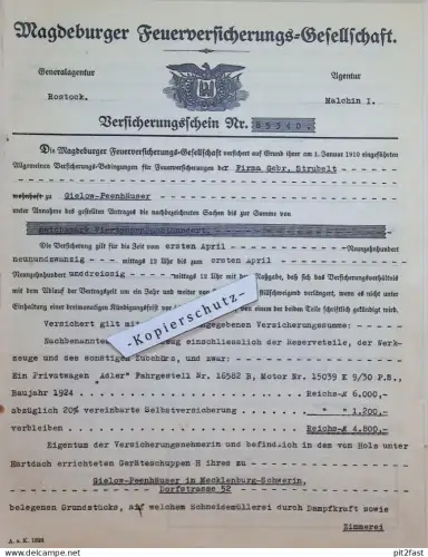 Magdeburger Versicherung - Gerb. Strubelt in Peenehäuser b. Gielow , 1929 , Rechnung / Dokument , Reklame / Werbung