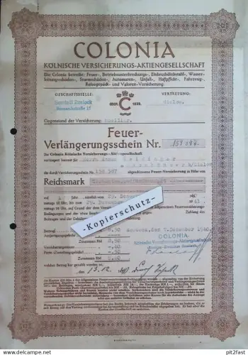 Colonia Versicherung - Roman Weidinger in Peenehäuser b. Gielow , 1940 , Rechnung / Dokument , Reklame / Werbung
