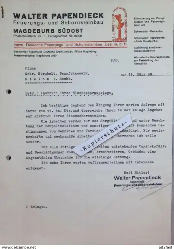 Schornsteinbau , Walter Papendieck in Magdeburg Südost , 1939 , Schornsteinfeger Rechnung / Dokument , Reklame / Werbung