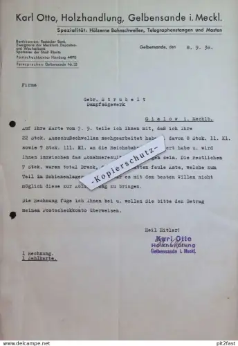 Holzhandlung - Karl Otto in Gelbensande i. Mecklenburg , 1938 , Rechnung / Dokument , Reklame / Werbung