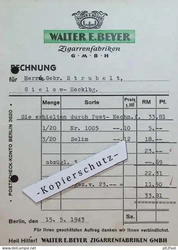 Zigarrenfabrik - Walter E. Beyer in Berlin , 1943 , Zigarren , Rechnung / Dokument , Reklame / Werbung