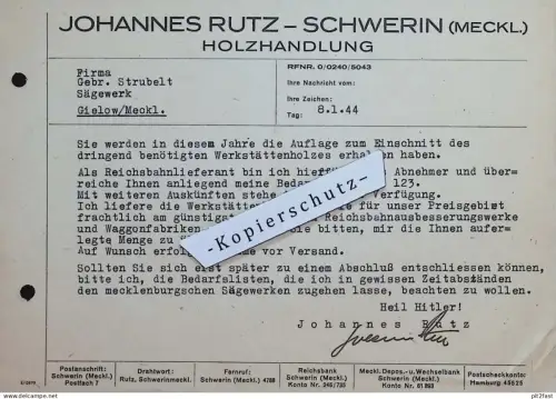 Holzhandlung - Johannes Rutz in Schwerin i. Mecklenburg , 1944, Rechnung / Dokument , Reklame / Werbung