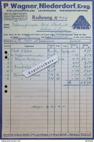 Leiterwagen - P. Wagner in Niederdorf i. Erzgebirge , 1938 , Rechnung / Dokument , Reklame / Werbung