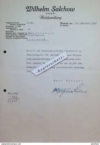 Holzhandlung - Wilhelm Salchow in Rostock i. Mecklenburg , 1937 , Rechnung / Dokument , Reklame / Werbung