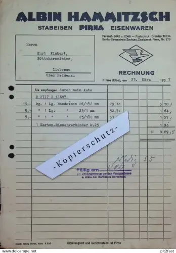 Albin Hammitzsch in Pirna , 1937 , K. Pinkert in Liebenau b. Heidenau , Rechnung / Dokument , Reklame / Werbung