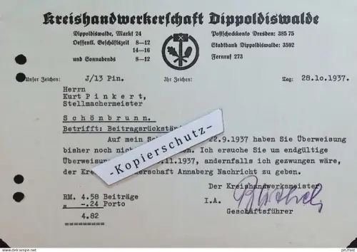 Kreishandwerkerschaft Dippoldiswalde , 1937 , K. Pinkert in Schönbrunn Rechnung / Dokument , Reklame / Werbung