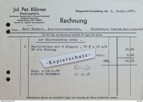 Fabrik Julius Klärner in Wuppertal Cronenberg , 1937 ,K. Pinkert in Wolkenstein  Rechnung / Dokument , Reklame / Werbung