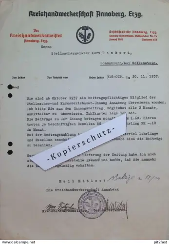Kreishandwerksmeister Annaberg i. Erzgebirge , 1937 , K. Pinkert in Wolkenstein  Rechnung / Dokument , Reklame / Werbung