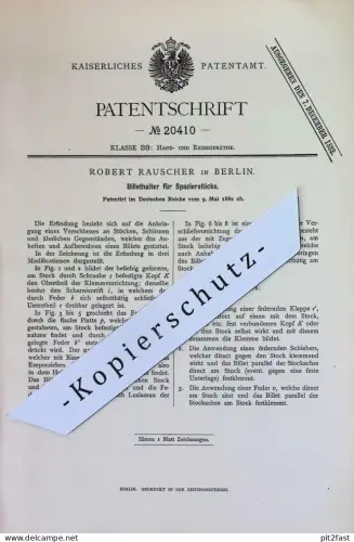 original Patent - Robert Rauscher , Berlin | 1882 | Billethalter für Spazierstöcke | Gehstock , Schirm , Kartenhalter !