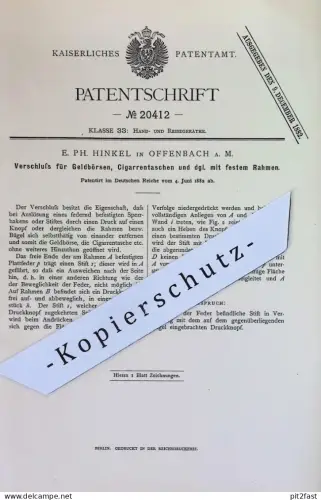 original Patent - E. Ph. Hinkel , Offenbach / Main | 1882 | Verschluss für Geldbörse , Cigarrentasche , Taschen !!