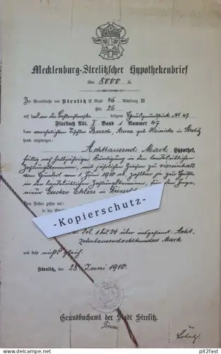 Strelitz / Neustrelitz in Mecklenburg , 1910 , Anna Busch geb. Heinicke , Hypotheken-Brief , Hypotheken-Schein Hypothek