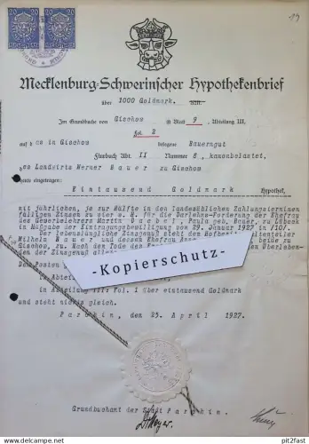 Bauerngut von Werner Bauer in Gischow b. Lübz , 1927 , Parchim , Hypothekenbrief , Hypothek !!