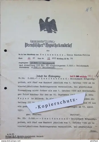 Frieda Nützel geb. Weyer in Swinemünde , 1931  , Usedom Wollin , Hypothekenbrief , Hypothek !!