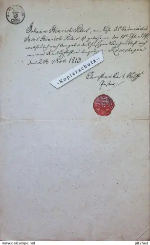 altes Dokument - J.H. Peters in Rövershagen i. Mecklenburg , 1813 mit Siegel der Kirche , b. Rostock !!