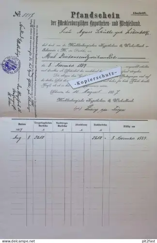 Pfandschein - Friedland i. Mecklenburg , 1887 , A. Schütte , Hypothek , Schwerin !!