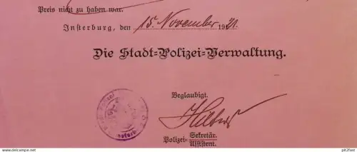 Polizei-Verwaltung Insterburg , 1921 , altes Dokument , Kohlbach und Bachmann !!