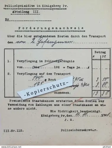 Polizei Präsidium Königsberg in Preussen , 1921 Transport v. Gefangenen , altes Dokument !!