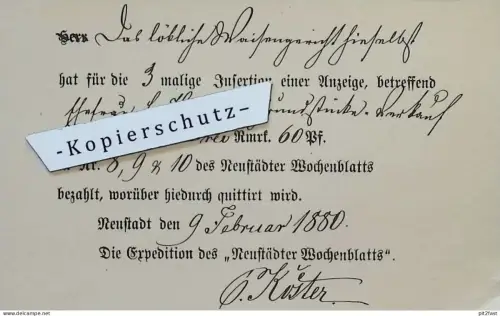 Expedition des Wochenblatts - Neustadt i. Mecklenburg , 1880 , altes Dokument !!