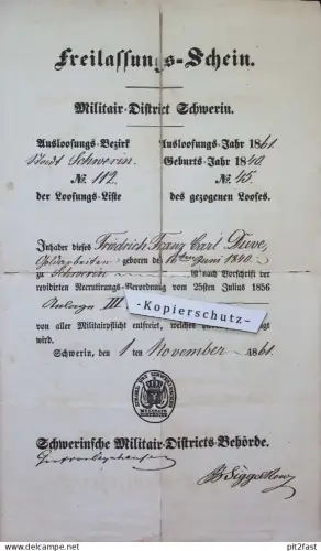 Militair Freilassungsschein Schwerin i. Mecklenburg , 1861 , F.F. Düve , Ausweis !!
