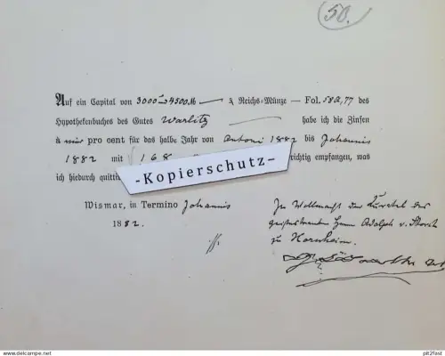 Wismar , 1882 , Hypothek Gut Warlitz b. Goldenitz , Mecklenburg !!