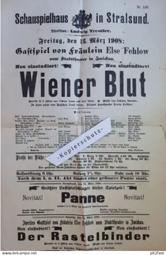Schauspielhaus Stralsund , 1908 , altes original Filmplakat , Wiener Blut , Mecklenburg , Theater , Kino ,ca. 420x280 mm