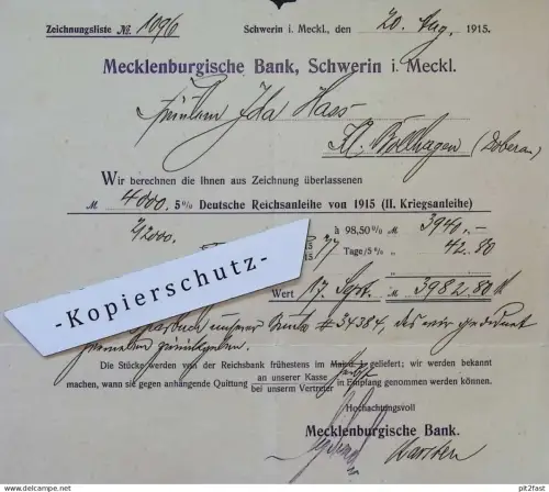 Kriegsanleihe - Schwerin , 1915 , Ida Hass in Klein Bollhagen b. Doberan , Anleihe , Mecklenburg !!