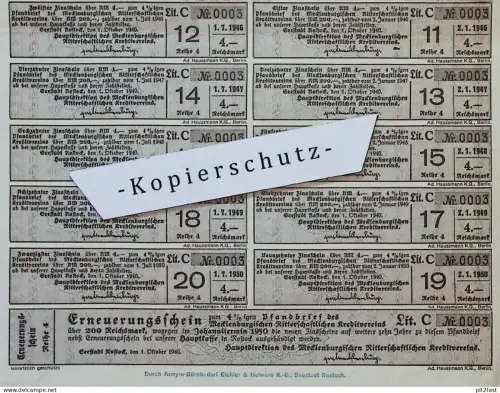 Pfandbrief - Erneuerungsschein Rostock , 1940 , Aktie , Hypothek , Mecklenburg !