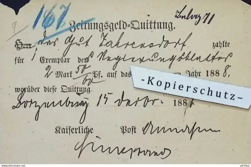 Kaiserliche Post - Gut Zahrensdorf b. Boizenburg , 1889 , Tempzin ,alte Quittung , Mecklenburg !!