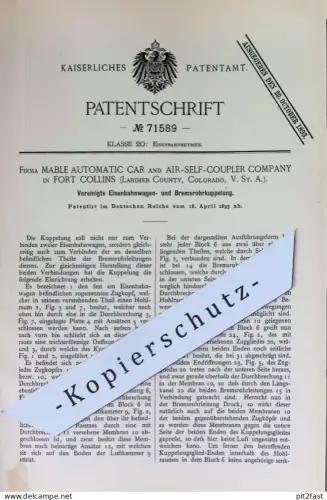 original Patent - Mable Automatic Car & Air Self Coupler Comp. Fort Collins , Larimer County , USA | Eisenbahn Kupplung