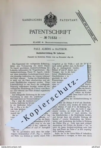 original Patent - Paul Albers , Ratibor | 1892 | Zündung für Laternen | Kutscherlampe , Lampe , Brenner , Wagenlaterne
