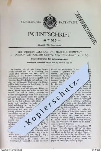 original Patent - The Whiffen Lake Lasting Machine Comp. Hammonton New Jersey USA | Brandsohlenhalter , Leistenmaschine