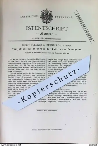 original Patent - Ernst Völcker , Bernburg a. d. Saale | 1883 | Zuführung der Luft zu Feuergas | Feuerung , Ofen , Öfen