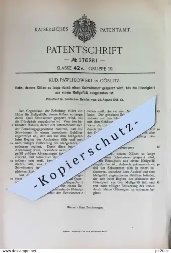 original Patent - Rud. Pawlikowski , Görlitz | 1905 | Hahn für Messgeräte | Wasserhahn , Ventil | Hahnküken