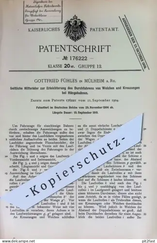 original Patent - Gottfried Fühles , Mülheim a. Rh. | 1904 | Hilfsräder für Hängebahnen | Eisenbahn , Weichen , Räder