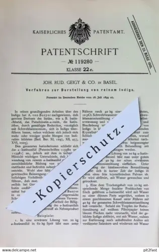 original Patent - Joh. Rud. Geigy & Co. , Basel , Schweiz | 1899 | Darstellung von reinem Indigo | Farbe | A. von Baeyer