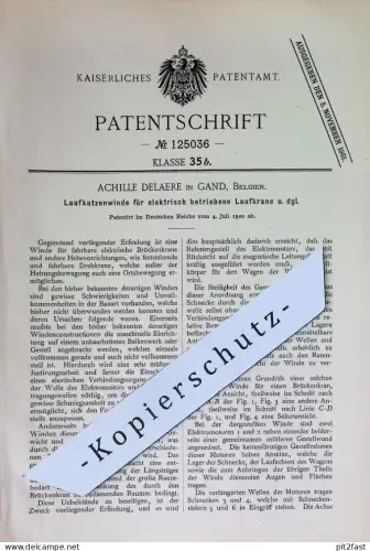 original Patent - Achille Delaere , Gand , Belgien | 1900 | Laufkatzenwinde für elektrischen Laufkran | Kran , Winde !!