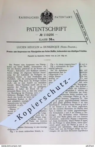 original Patent - Lucien Heuclin , Dunkerque , Frankreich | 1899 | Presse zum Auspressen von Flüssigkeiten | Früchte !