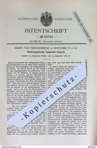 original Patent - Henry van Hoevenbergh , New York USA | 1883 | Elektromagnetischer Typendruck - Telegraph | telegraphy