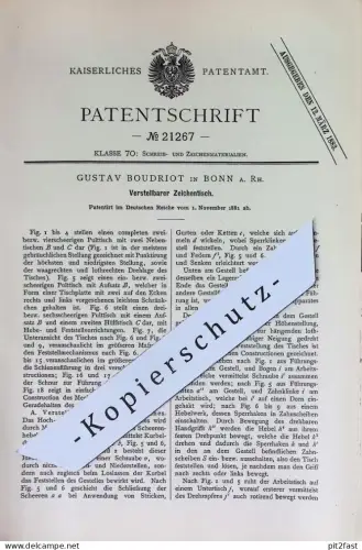 original Patent - Gustav Boudriot , Bonn / Rhein | 1881 | Zeichentisch , Tisch , Pulttisch , Pult , Bauzeichner