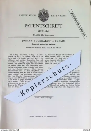 original Patent - Johann Luckhardt , Berlin | 1882 | Dose mit maulartiger Öffnung | Blechdose , Dosen , Schachtel !!