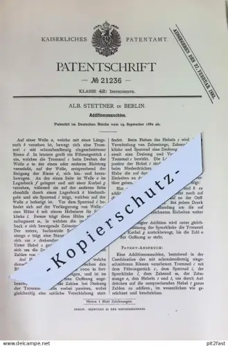original Patent - Alb. Stettner , Berlin | 1882 | Additionsmaschine | Rechenmaschine | Rechner , Mathematik , Kasse !!