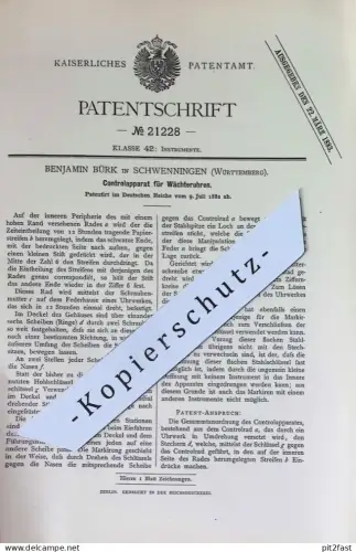 original Patent - Benjamin Bürk , Schwenningen , Württemberg | 1882 | Kontrollapparat für Wächteruhr | Uhr Uhren Uhrwerk