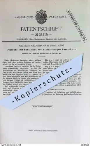 original Patent - Wilhelm Grossmann , Pforzheim | 1882 | Planhobel mit Hobeleisen | Hobel , Holz , Tischler , Werkzeug