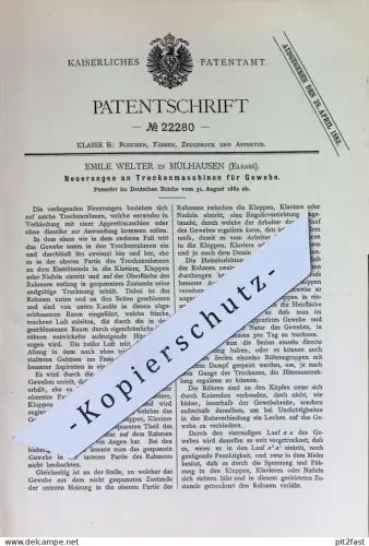 original Patent - Emile Welter , Mülhausen , Elsass | 1882 | Trockenmaschinen f. Gewebe | Trockner , Schleuder , Gebläse