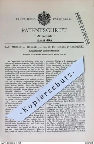 original Patent - Karl Müller , Siegmar i. S. | Otto Hinkel , Chemnitz | 1902 | Selbstöffnender Gewindeschneidkopf !!