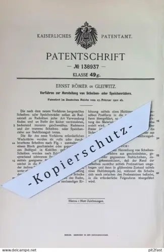 original Patent - Ernst Römer , Gleiwitz | 1902 | Herstellung von Scheibenrad o. Speichenrad | Rad , Räder , Speichen