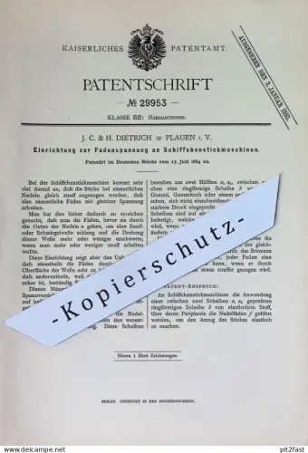 original Patent - J. C. & H. Dietrich , Plauen i. V. | 1884 | Fadenspannung an Schiffchenstrickmaschine | Strickmaschine