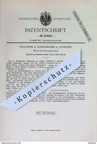original Patent - Schläpfer & Sonderegger , Lausanne , Schweiz | 1883 | Bierdruckapparat | Bier , Zapfanlage , Ausschank
