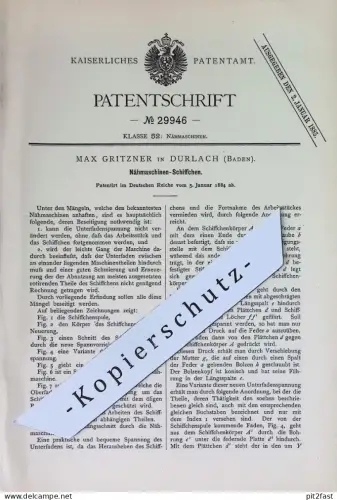 original Patent - Max Gritzner , Durlach / Baden | 1884 | Nähmaschinen - Schiffchen | Nähmaschine , Nähen , Schneiderei